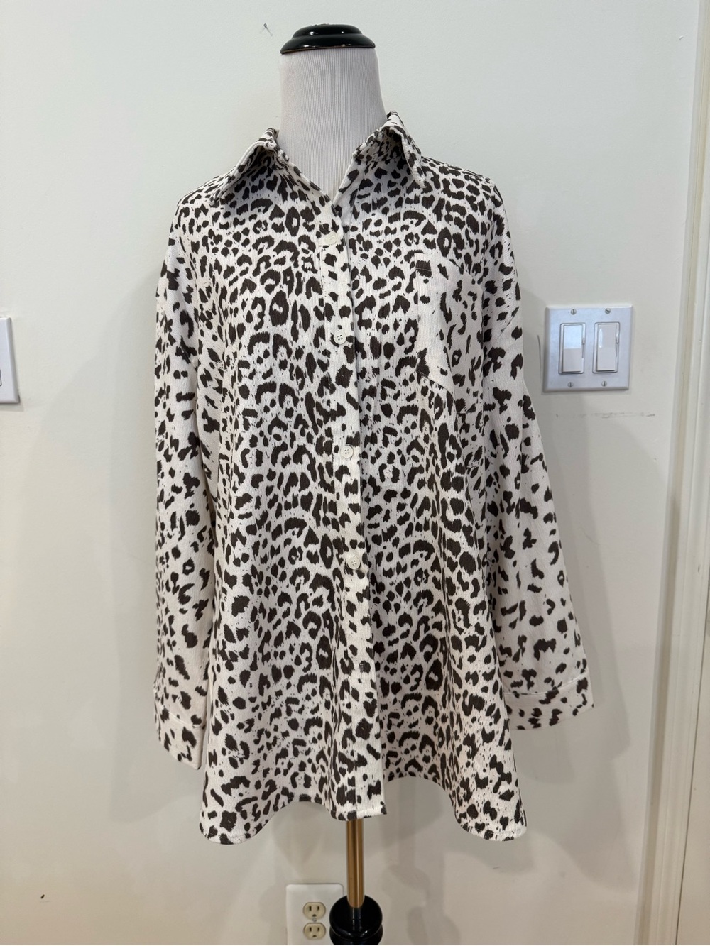 Leopard Print Button-Up Shirt - Dark Olive Green and Ivory
